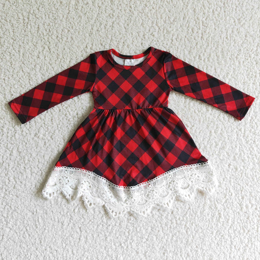 GLD0024 Christmas Black Red Plaid Lace Ruffles Girls Long Sleeve Dresses