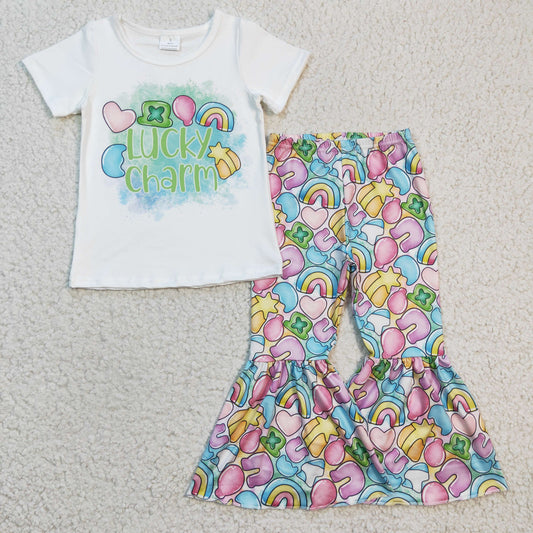 GSPO0303 St. Patrick Clover Rainbow Pink Lucky Charm Girls Short Sleeve Bell Bottom Pants Outfits