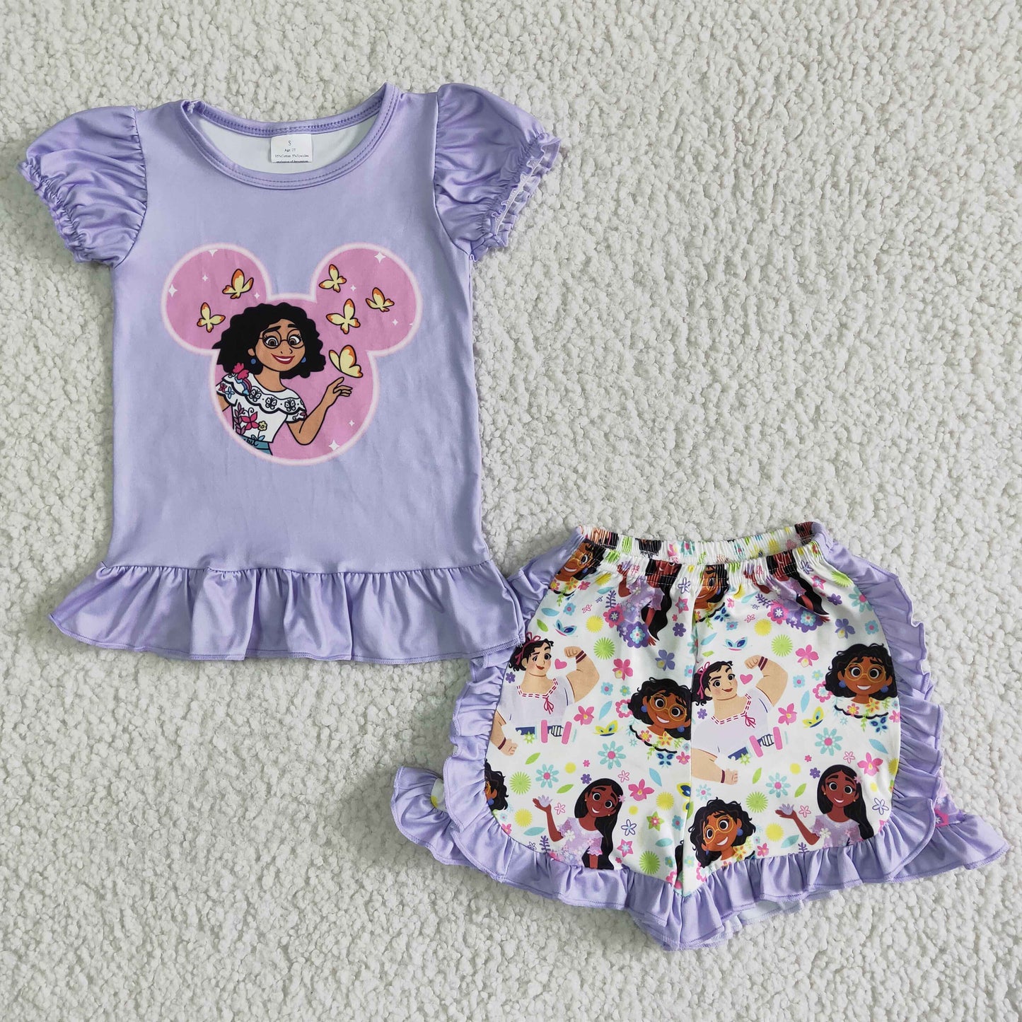 GSSO0001 Purple Cartoon Floral Girls Short Sleeve Shorts Outfits