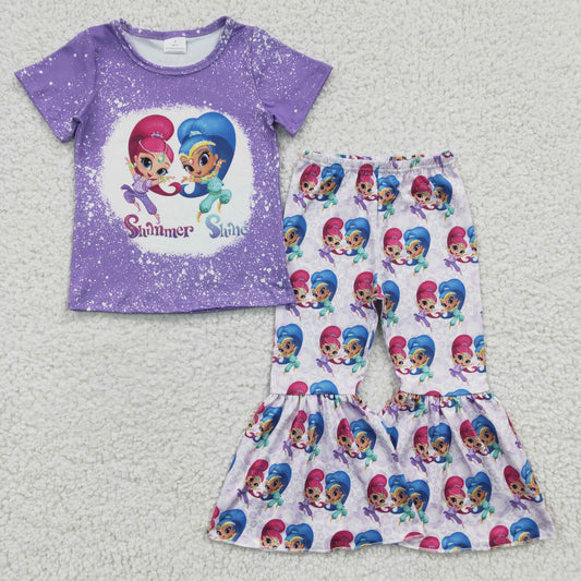 GSPO0331 Purple Bleach Summer Shine Cartoon Girls Short Sleeve Bell Bottom Pants Outfits