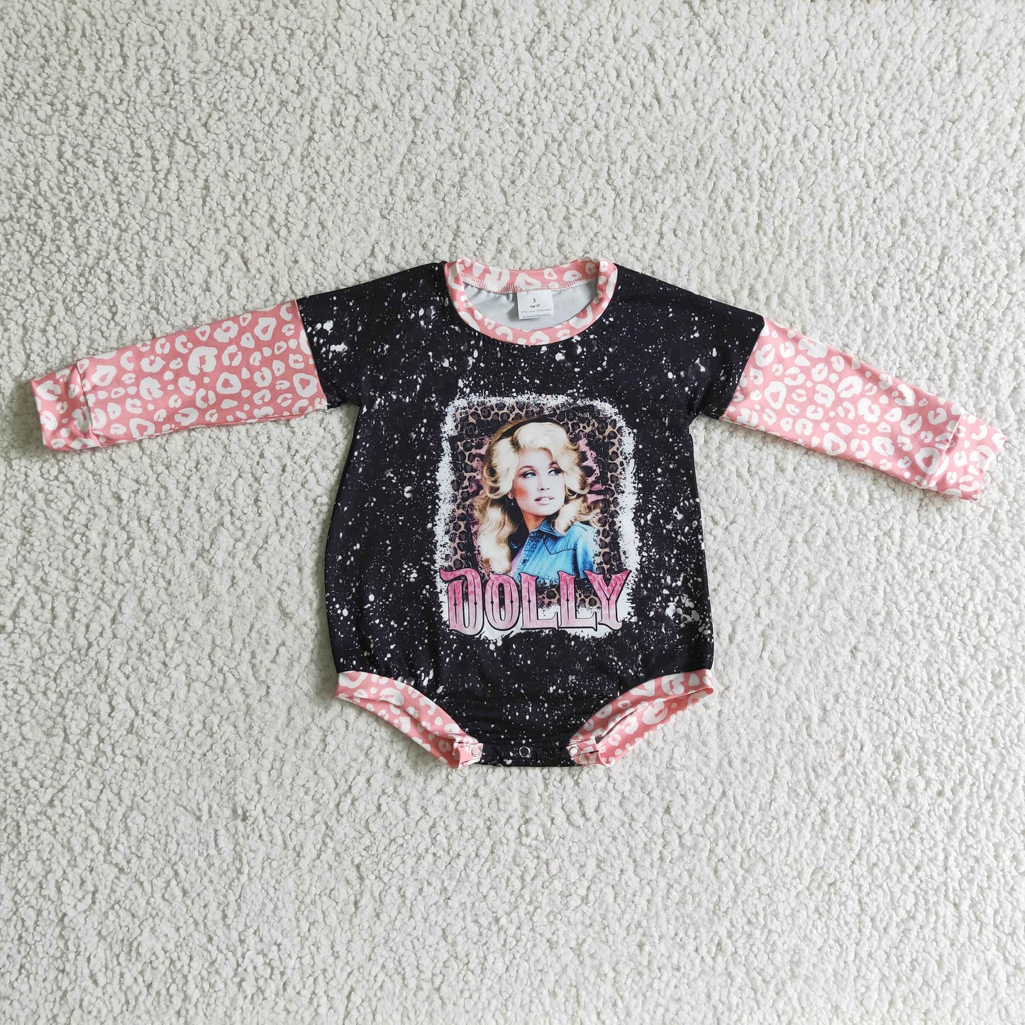 LR0180 Black Pink Character Singer Leopard Girls Long Sleeve Romper