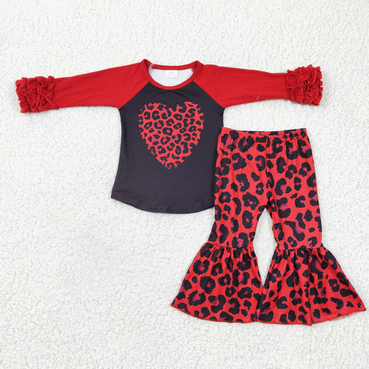 GLP0390 Valentine Red Black Love Leopard Girls Long Sleeve Bell Bottom Pants Outfits