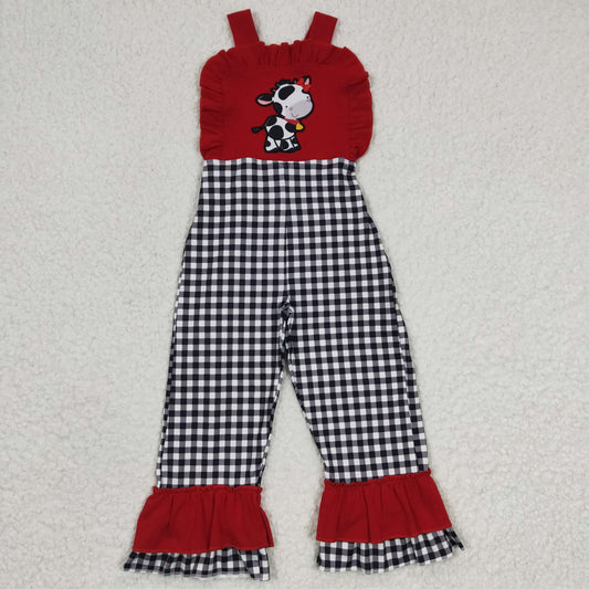 SR0165 Red Black Plaid Cow Embroidery Girls Sleeveless Jumpsuit Overall Pants