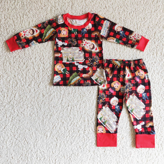 BLP0148 Christmas Red Black Plaid Cartoon Boys Long Sleeve Pants Outfits Pajamas