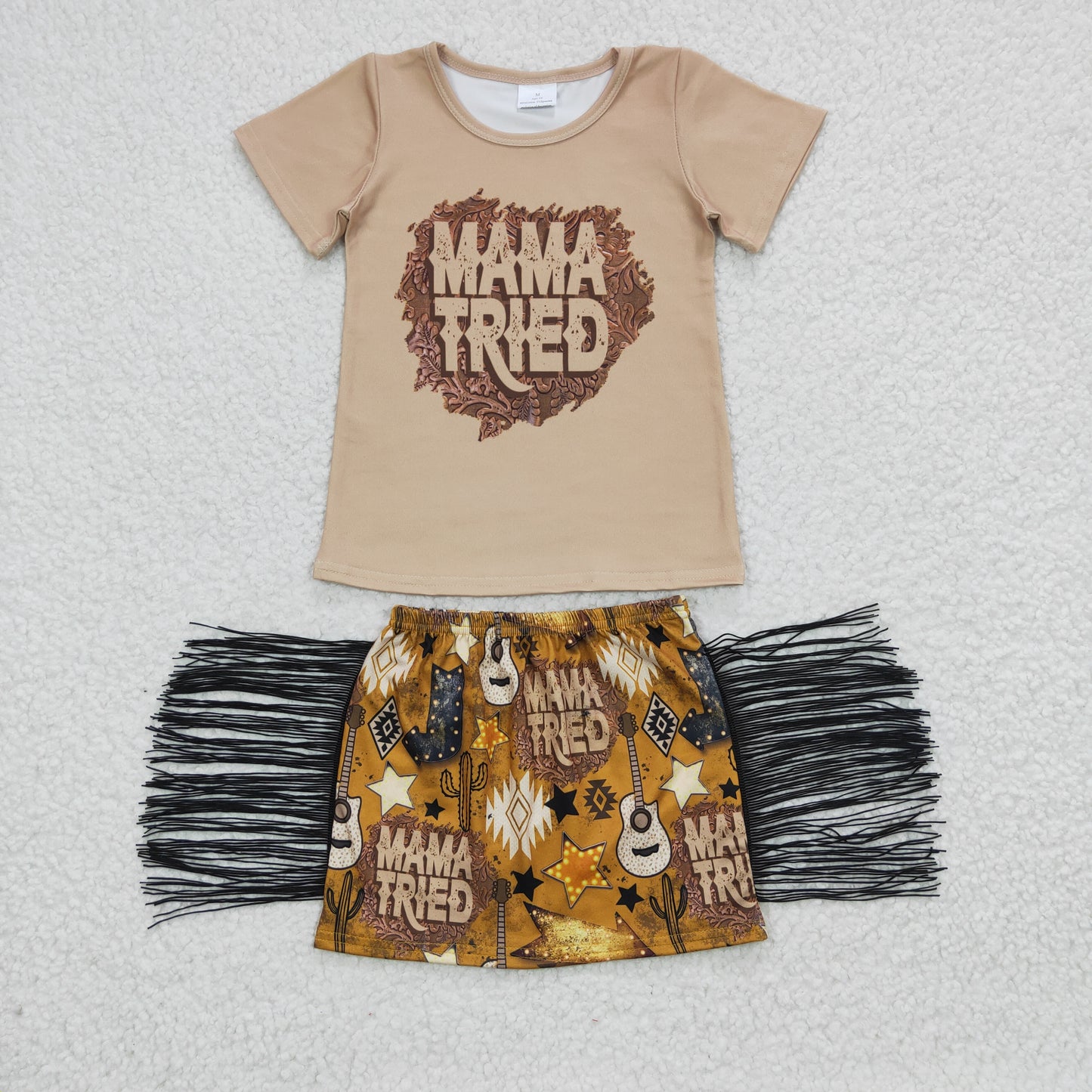 GSD0286 Mama Tried Yellow Western Tassel Girls Short Sleeve With Skirt Dresses Outfits