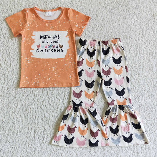 A2-9 Farm Chickens Orange Girls Short Sleeve Bell Bottom Pants Outfits