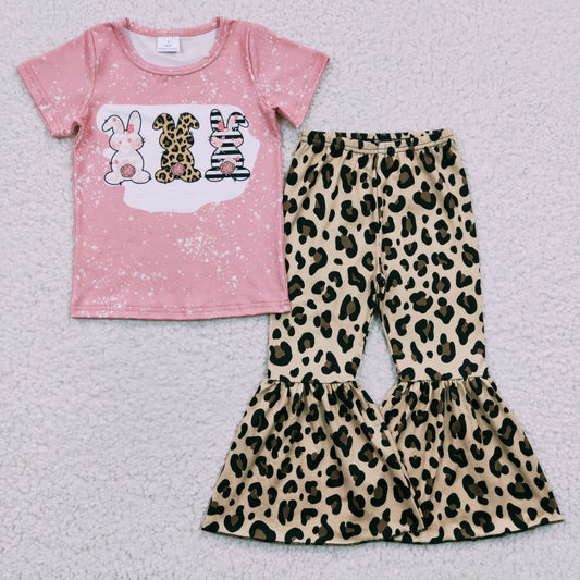 B17-12 Easter Pink Rabbits Leopard Print Girls Short Sleeve Bell Bottom Pants Outfits