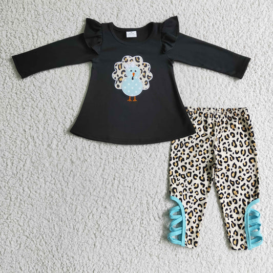 GLP0211 Thanksgiving Turkey Blue Black Leopard Embroidery Girls Long Sleeve Pants Outfits