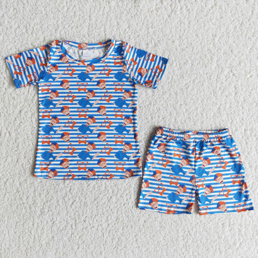 Clearance E12-13 Boys Short Sleeve Blue Striped Print Summer Outfits