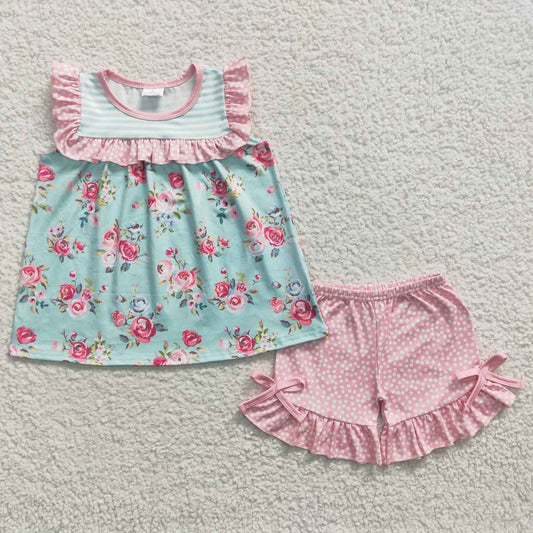 GSSO0215   Pink Blue Floral Girls Short Sleeve Shorts Outfits
