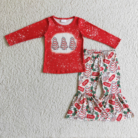 GLP0272 Christmas Red Bleach Tree Season Green Milk Jolly  Girls Long Sleeve Bell Bottom Pants Outfits