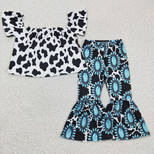 GSPO0351 Black Blue Cow Print Western  Girls Short Sleeve Bell Bottom Pants Outfits