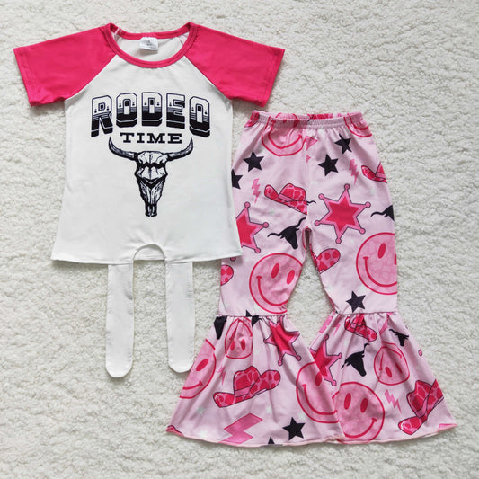 promotion RTS GSPO0250 Pink Rodeo Time Highland Cow Hat Cowboy Girls Short Sleeve Bell Bottom Pants Outfits