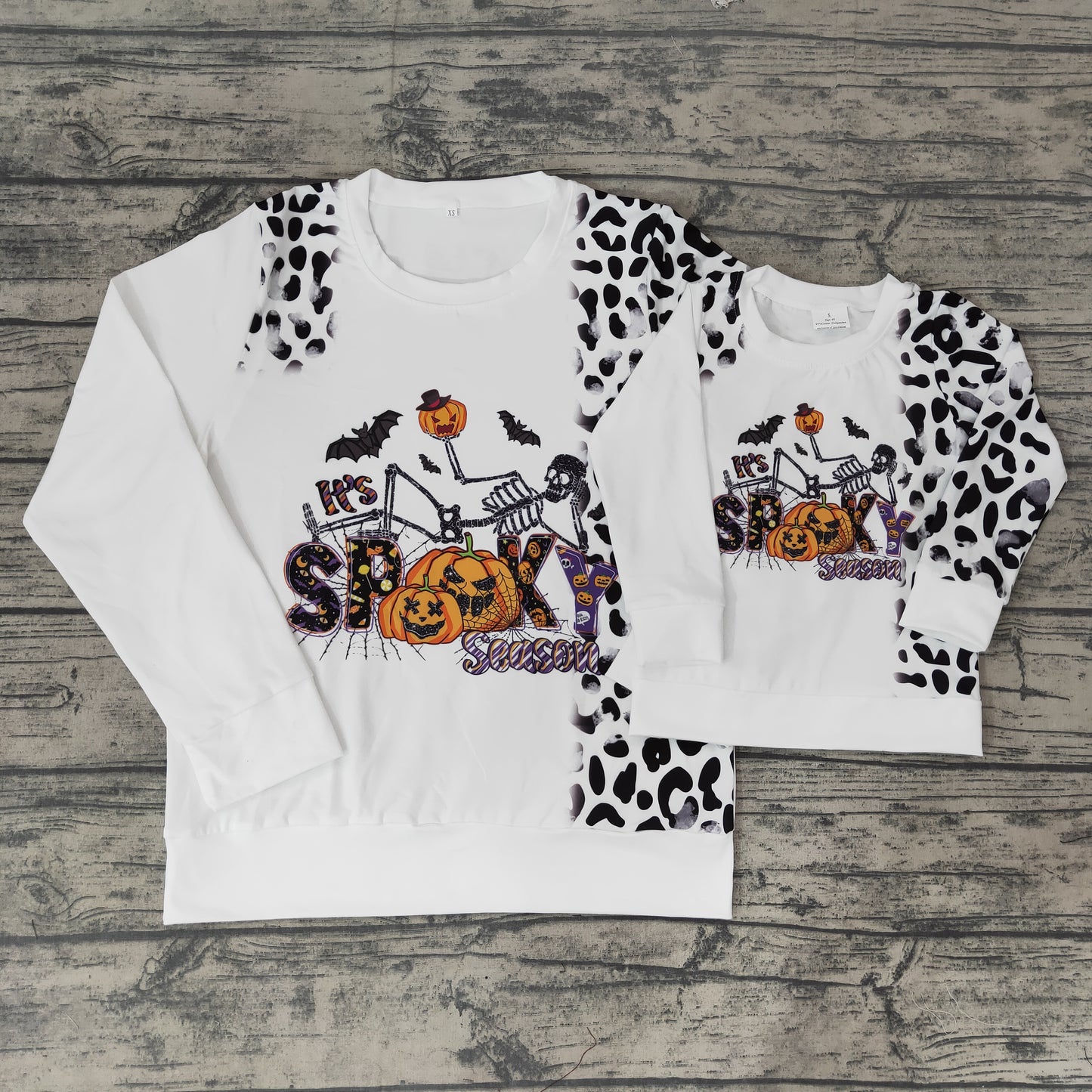 Family Adult BT0064 Halloween Pumpkin Spooky Bat Ghost Black Leopard Girls Long Sleeve Top T-shirts