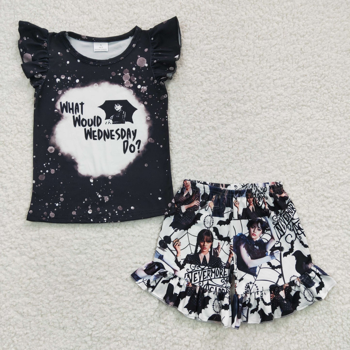 GSSO0177 Black Cartoon What Would Wednesday Do Girls Short Sleeve Shorts Outfits