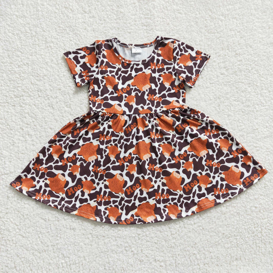 GSD0237  Leopard Brown Moo Highland Cow Girls Short Sleeve Dresses