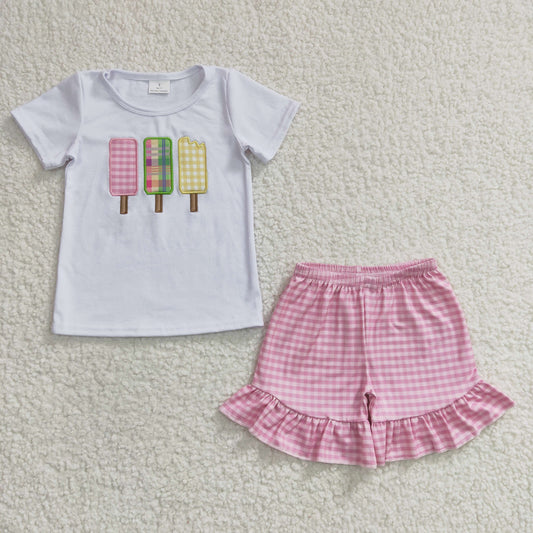 promotion RTS GSSO0157  Pink Plaid Ice Embroidery Girls Short Sleeve Shorts Outfits
