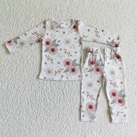 GLP0198 Pink Floral Girls Long Sleeve Pants Outfits Pajamas