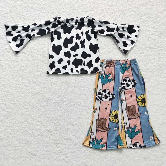 promotion RTS GLP0375 Black White Cow Print Cactus Boots Cowboy Western Girls Long Sleeve Bell Bottom Pants Outfits