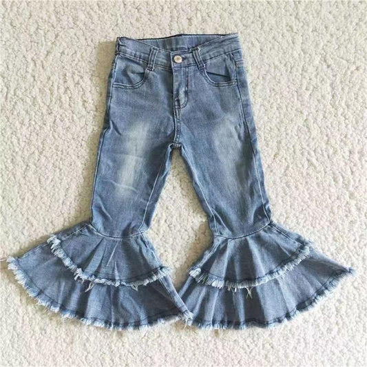 C5-15 Blue Bleach Designs Girls Double Ruffles Denim Jeans