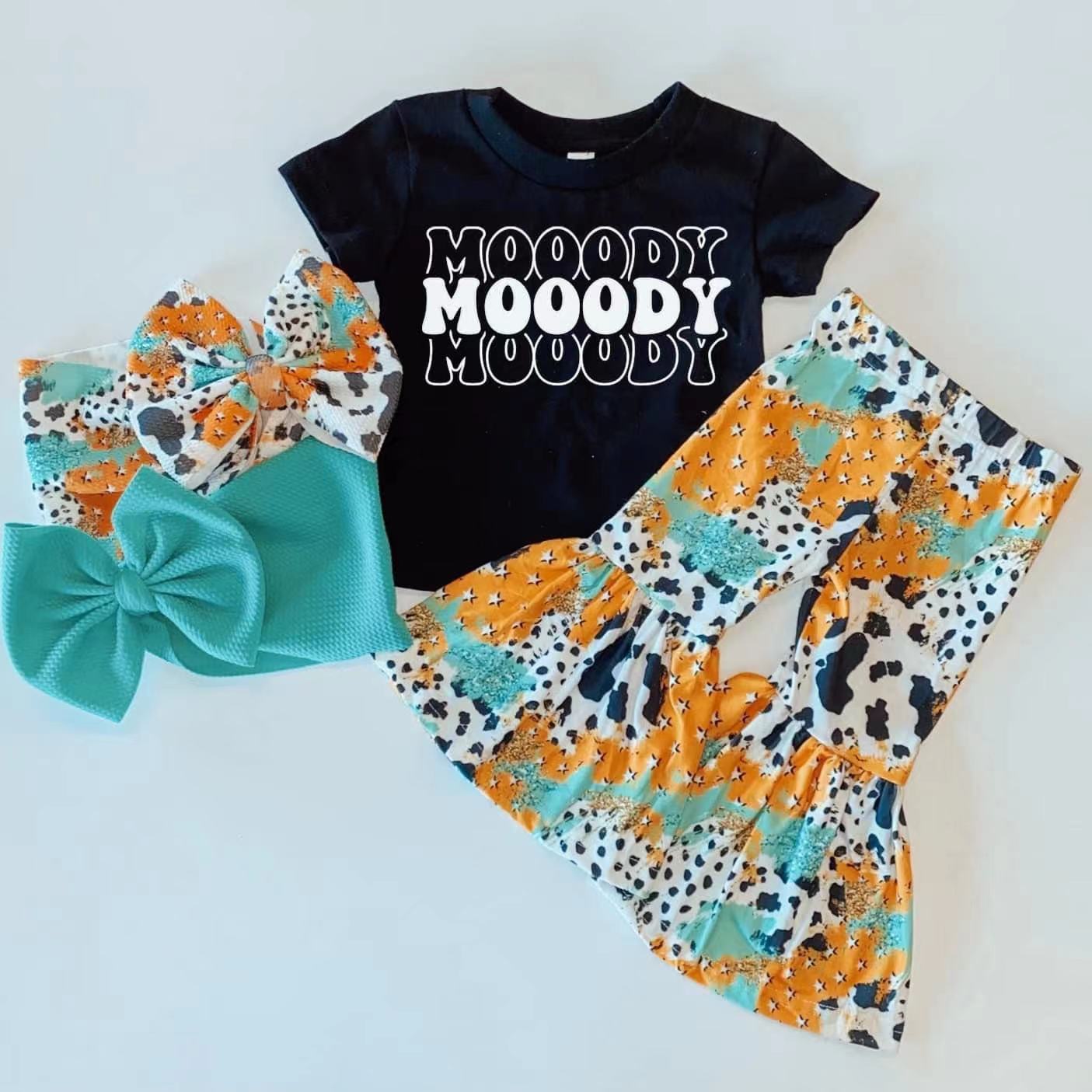 E8-3 Mooody Black Blue Yellow Leopard Girls Short Sleeve Bell Bottom Pants Outfits