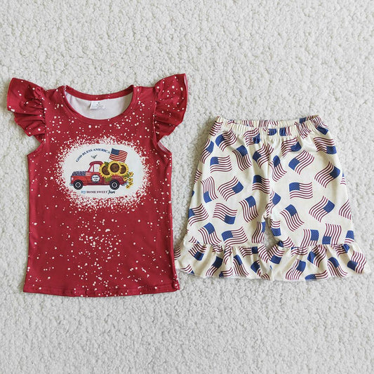 4th Of July Flutter Sleeve Red Girls Set