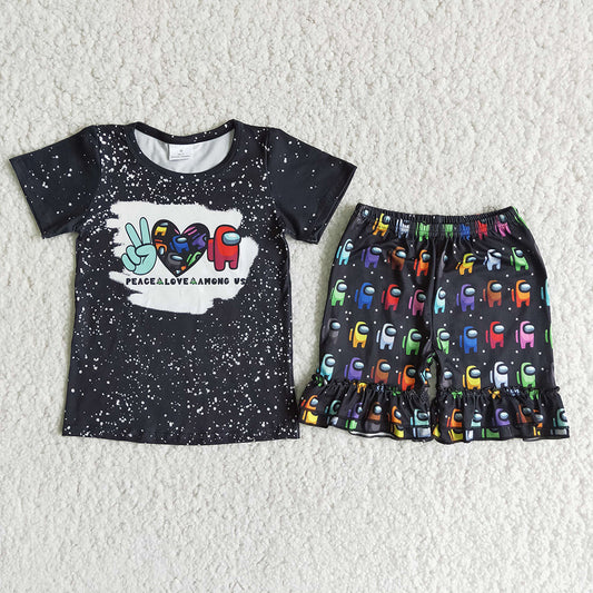 Promotion RTS D12-2 Peace Love Among Game Black  Cartoon Girls Short Sleeve Shorts Outfits