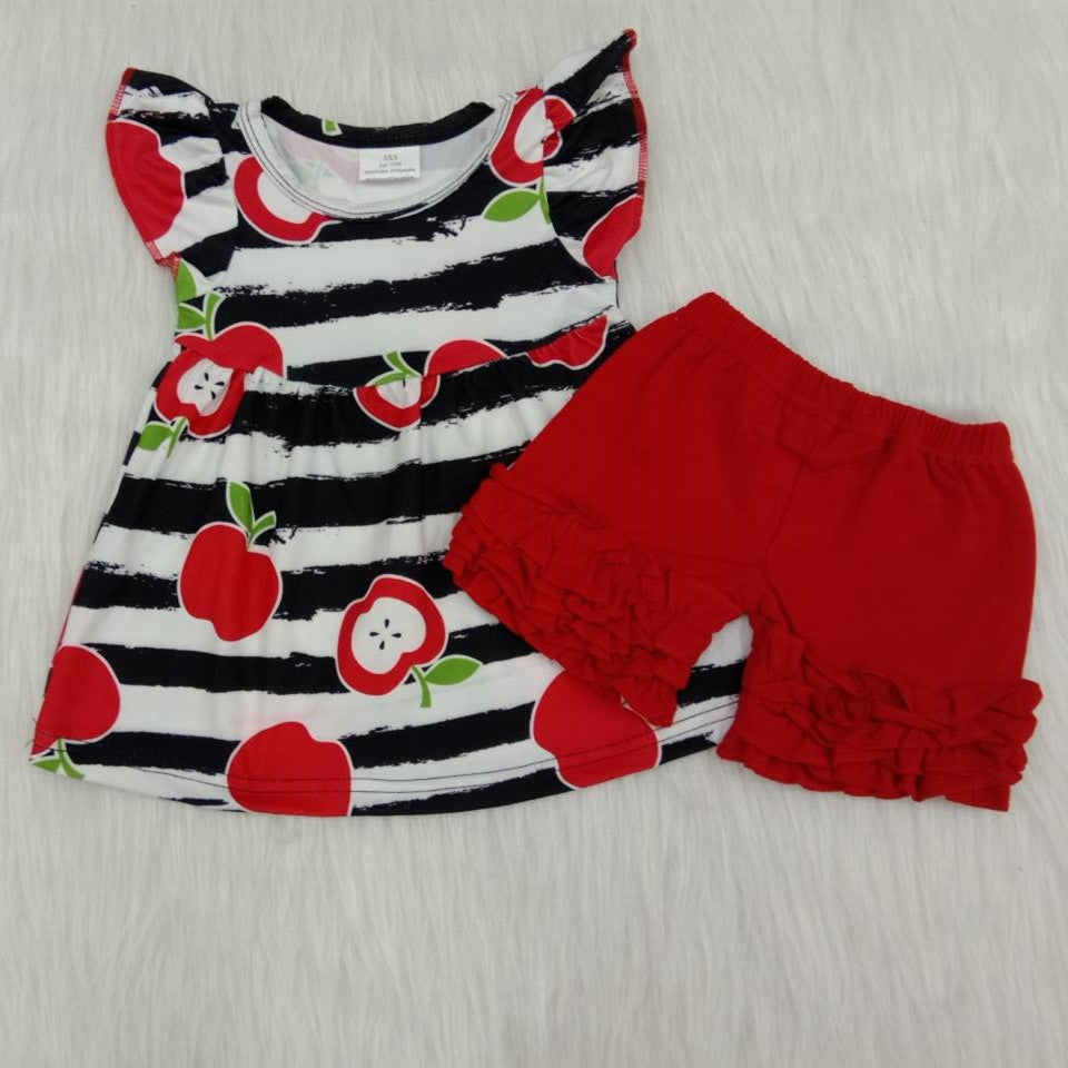 Apple Flutter Sleeve Back to School Red Shorts Girls Set