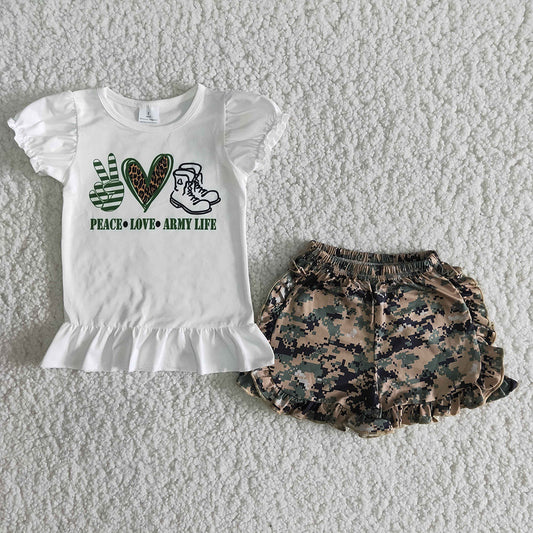 B8-14 Peace Love Army Life Camo Summer Girls Short Sleeve Shorts Outfits