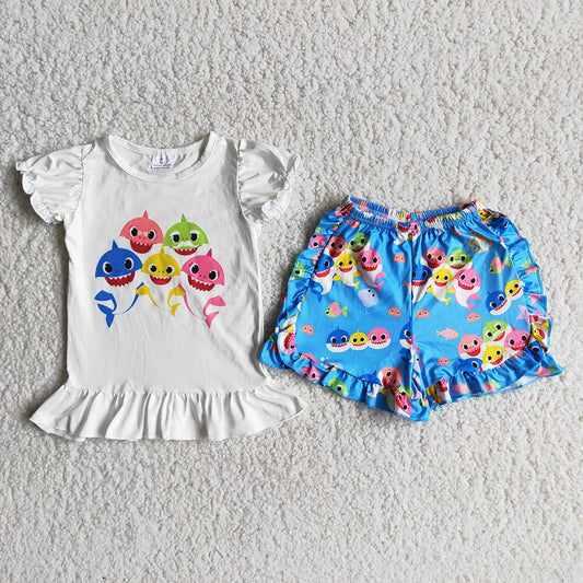 A13-11 Blue Shark Cartoon Print Girls Short Sleeve Shorts Outfits