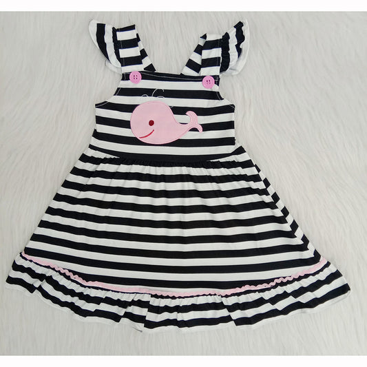 Black Striped Print Embroidery Whale Girls Dress