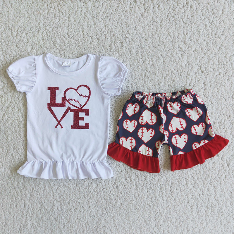 E3-1 Red Love Softball Baseball Team Girls Short Sleeve Shorts Outfits