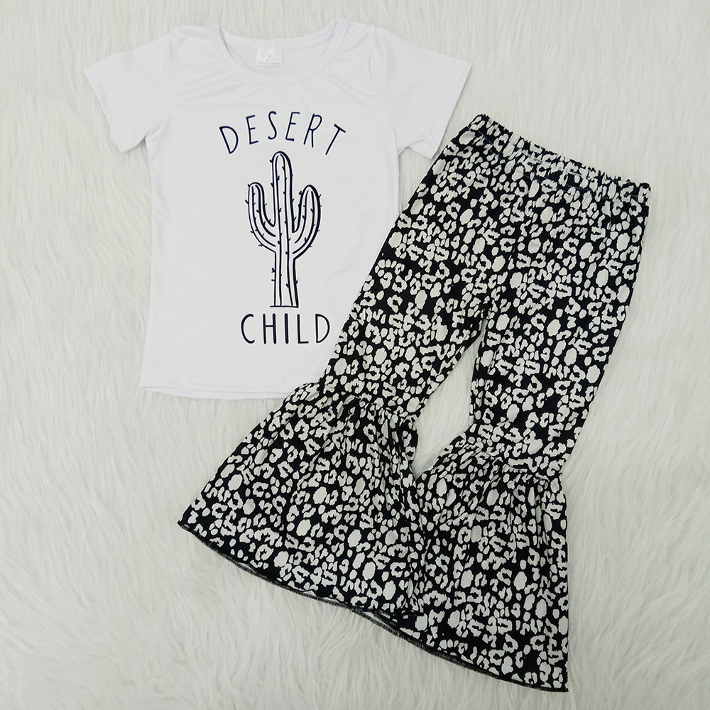 Clearance A4-16 Desert Child Cactus Black Girls Short Sleeve Bell Bottom Pants Outfits