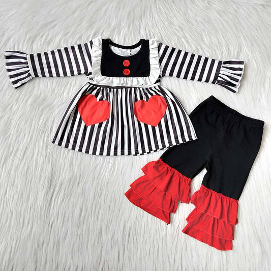 6 B7-38 Valentine's Day Love Red Striped Girls Long Sleeve Bell Bottom Pants Outfits