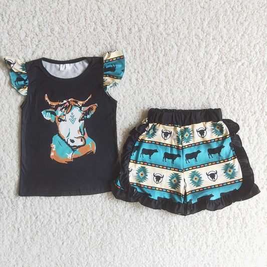 C15-4 Heifer Cows Black Blue Girls Flutter Sleeve Shorts Outfits