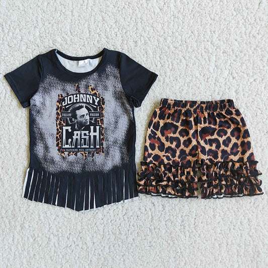 C0-16 Singer Black Tassels Leopard Girls Short Sleeve Shorts Outfits