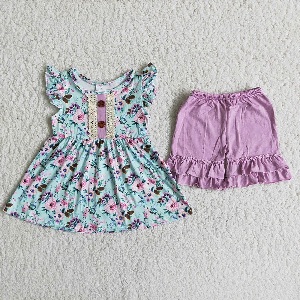 C6-22 Purple Floral Print Summer Girls Short Sleeve Shorts Outfits