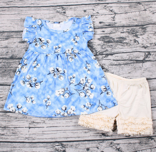 C3-5 Blue Floral Cotton Print Girls Short Sleeve Shorts Outfits