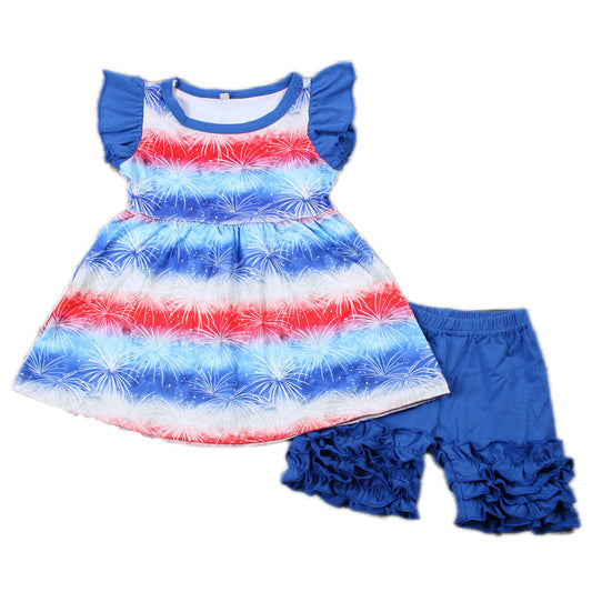 4th Of July Blue Flutter Sleeve Summer Girls Outfits