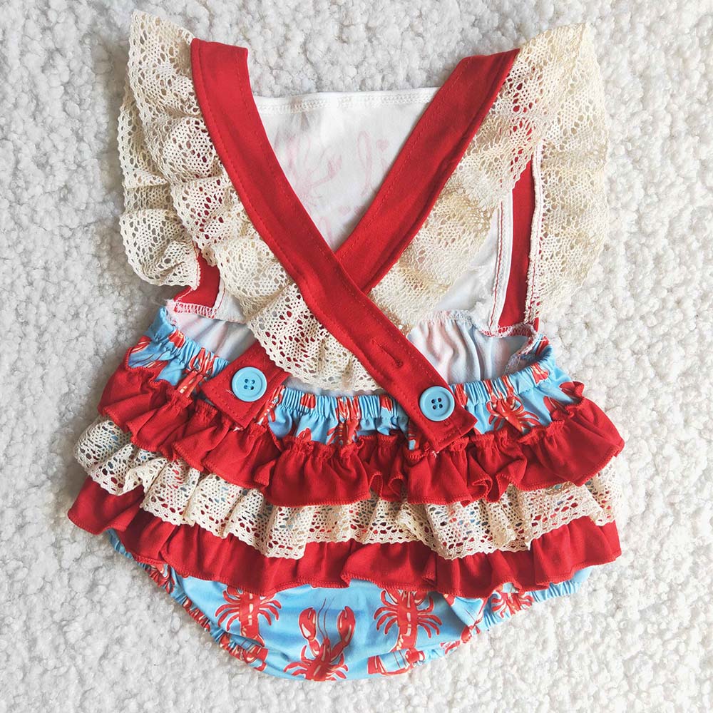 C15-27 Boil Babe Lace Sleeve Crayfish Red Blue Baby Girls Short Sleeve Romper