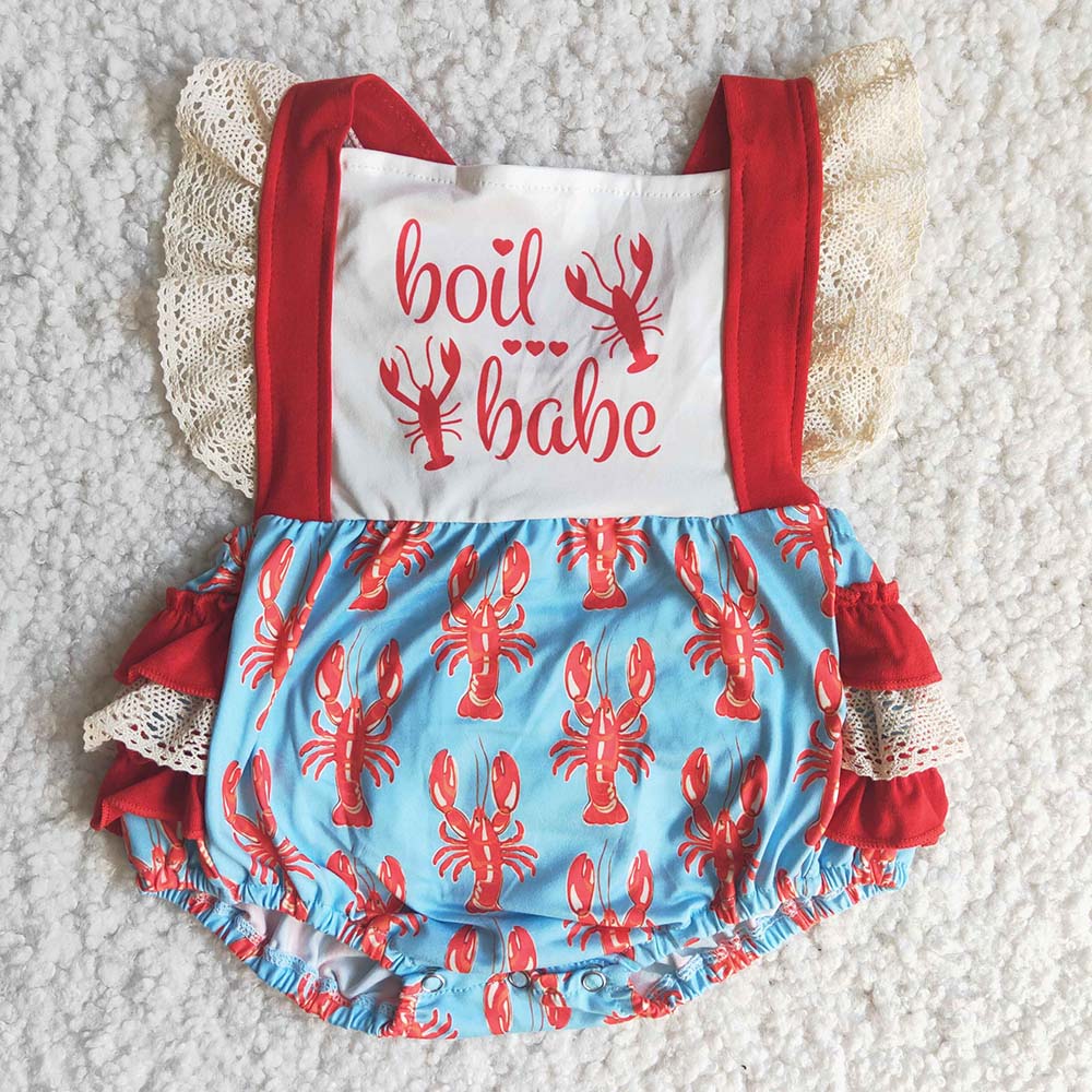 C15-27 Boil Babe Lace Sleeve Crayfish Red Blue Baby Girls Short Sleeve Romper