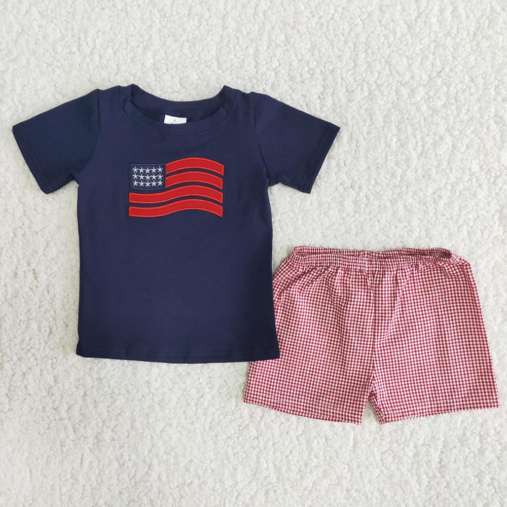 A12-23 4th Of July Blue Flag Red Embroidery Boys Short Sleeve Shorts Outfits