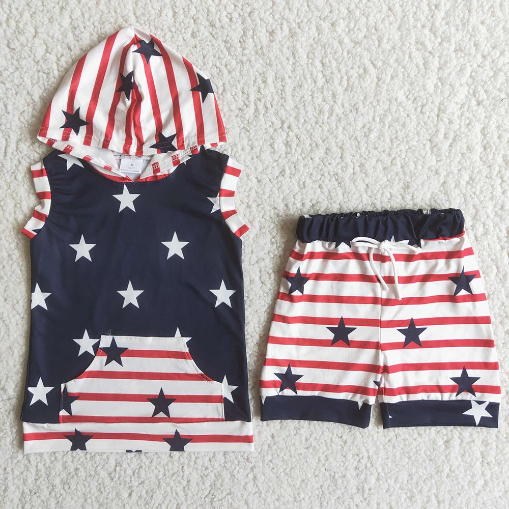 C14-23 4th Of July Red Stripes Blue Starts Pockets Hoodies Boys Sleeveless Shorts Outfits