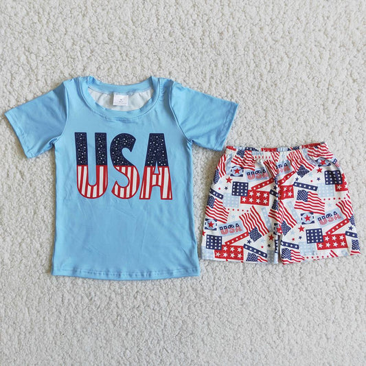 4th Of July Boys Blue Short Sleeve Outfits