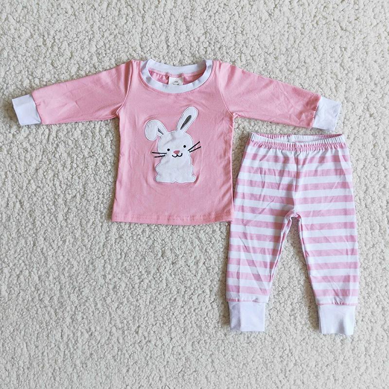 6 B8-25 Easter Pink Embroidery Rabbit Easter Girls Long Sleeve Pants Outfits Pajamas