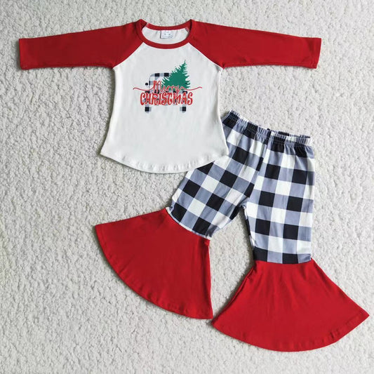 Clearance 6 A12-15 Christmas Tree Red Black Plaid Print Girls Long Sleeve Bell Bottom Pants Outfits