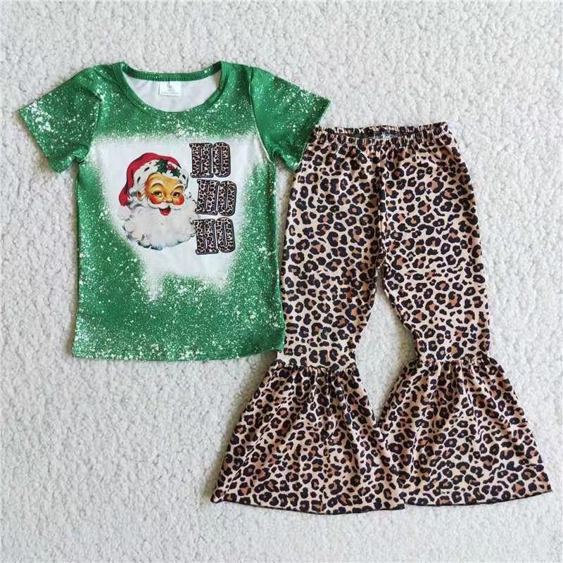 Clearance D1-5 Christmas Green Santa HO Leopard Girls Short Sleeve Bell Bottom Pants Outfits