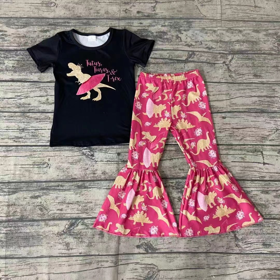 D9-5 Dinosaur Pink Girls Short Sleeve Bell Bottom Pants Outfits