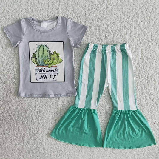 Clearance B6-22 Cactus Green Striped Bless Print Girls Short Sleeve Bell Bottom Pants Outfits