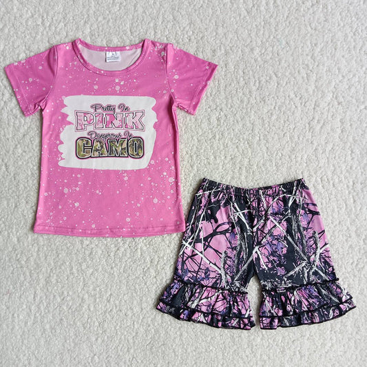 C16-17 Pink Camo Print Summer Girls Short Sleeve Shorts Outfits